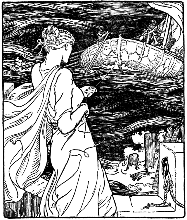 Monochrome illustration. A tall women, standing on land, seen from behind, holds a long, thin cord connected to a sailing boat on a stormy sea.