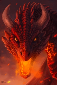 A painting or digital drawing of a fearsome face of a red dragon, staring out at the viewer and breathing fiery smoke.